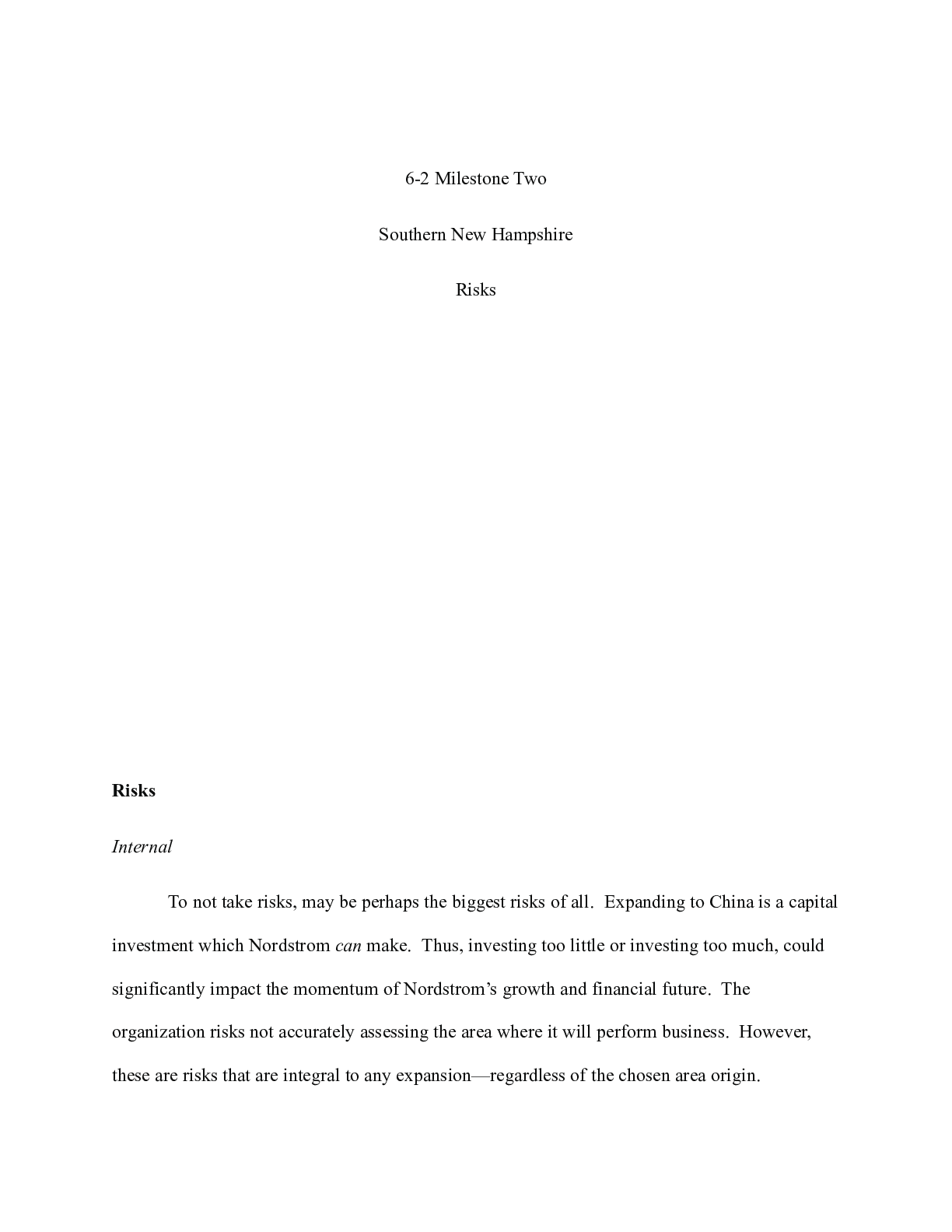 Preview image for China Expansion 2.docx    6-2 Milestone Two  Southern New Hampshire   Risks  Risks  Intern